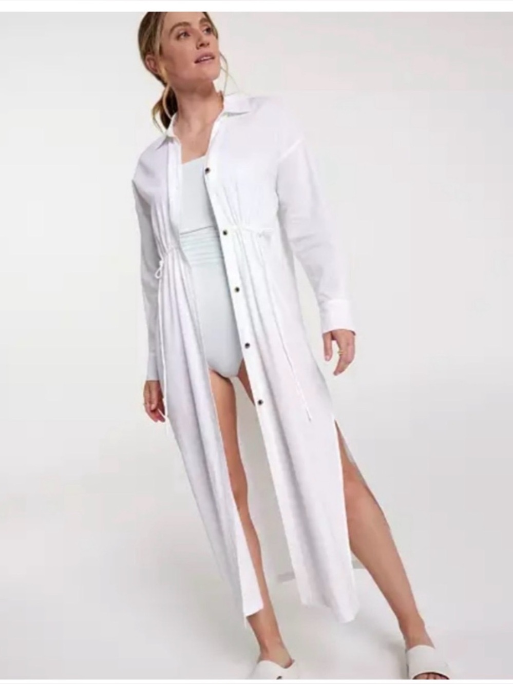 CALIA Women's Cinched Waist Long Sleeve Button Down Dress - Pure White Small